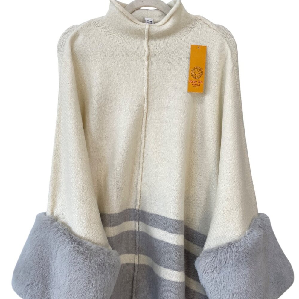Ruby Rd Sweater One Size Long Sleeve Pullover Faux Fur Cuffs Cream Gray Cozy NEW